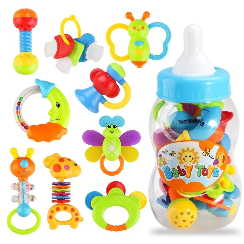 

9pcs Baby's First Rattle and Teether Toy with Giant Milk Bottle Grasp Christmas Gift Toy (Random Color)