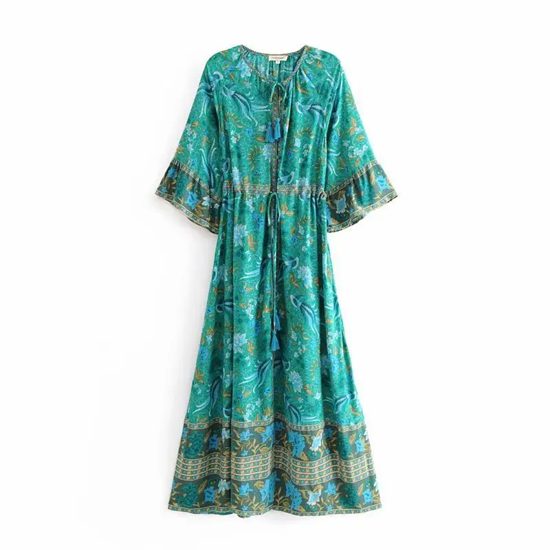 

QZ839 Women Vintage Phoenix and Floral Print Green Color Loose Bohemia Dress Retro Vestidos