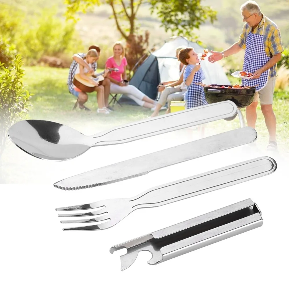 

Portable Outdoor Multifunctional Stainless Steel Fork Spoon Knife Picnic Camping Dinnerware Can Opener Tableware