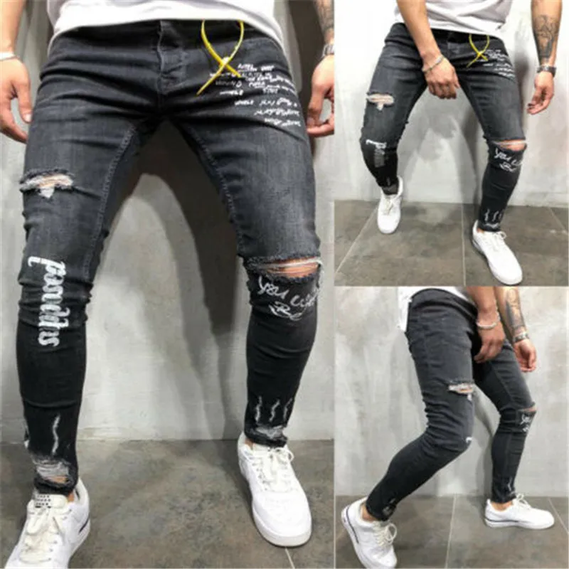 

Men Hip Hop Ripped Jeans Skinny Biker Embroidery Jeans Destroyed Hole Denim Trousers 2019 Men High Quality Jeans Pants