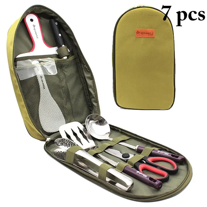

7PCS Camping Kitchen Utensil Set Portable Multi-Purpose Camp Cookware Utensil Cutting Board Knife Clip Scissors Spoon Shovel