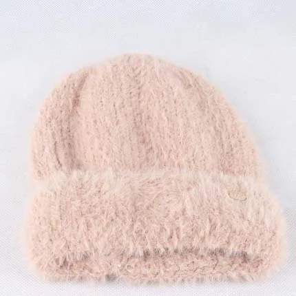 Новая Женская Зимняя кепка, мягкая теплая шапка Skullies, искусственный мех норки, вязаные шапочки для женщин - Цвет: Розовый
