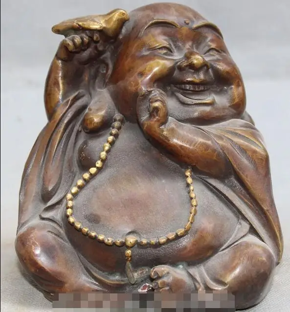 

5" Chinese Bronze Gild Seat abstract Happy Laugh Maitreya Buddha Bird Statue