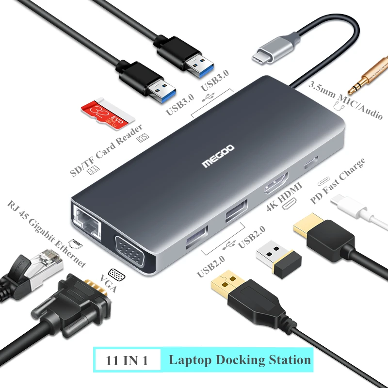 Megoo USB C док-станция для ноутбука VGA/HDMI/Ethernet/USB3.0/Аудио/PD Зарядка Тип C док-станция для поверхности Go/Mac Pro