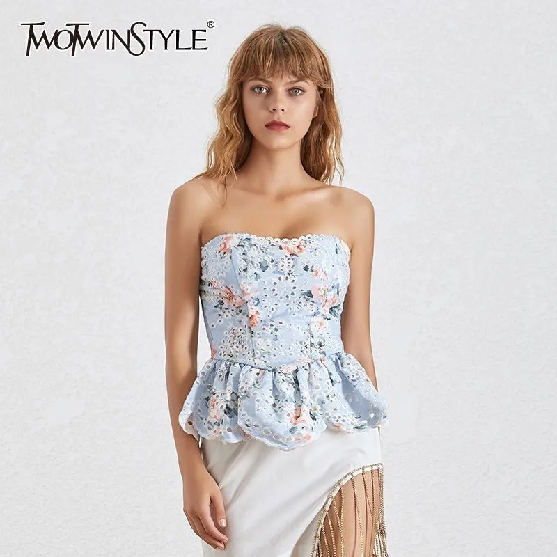 TWOTWINSTYLE Summer Lace Patchwork Women Blouse Off Shoulder Sleeveless Tunic Irregular Hem Print Shirt Female Fashion