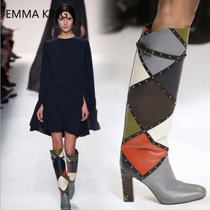 

European Women Over the Knee Boots Original Square Mixed Color Customized Rivet Long Boots Thick High-heeled Botas 2018