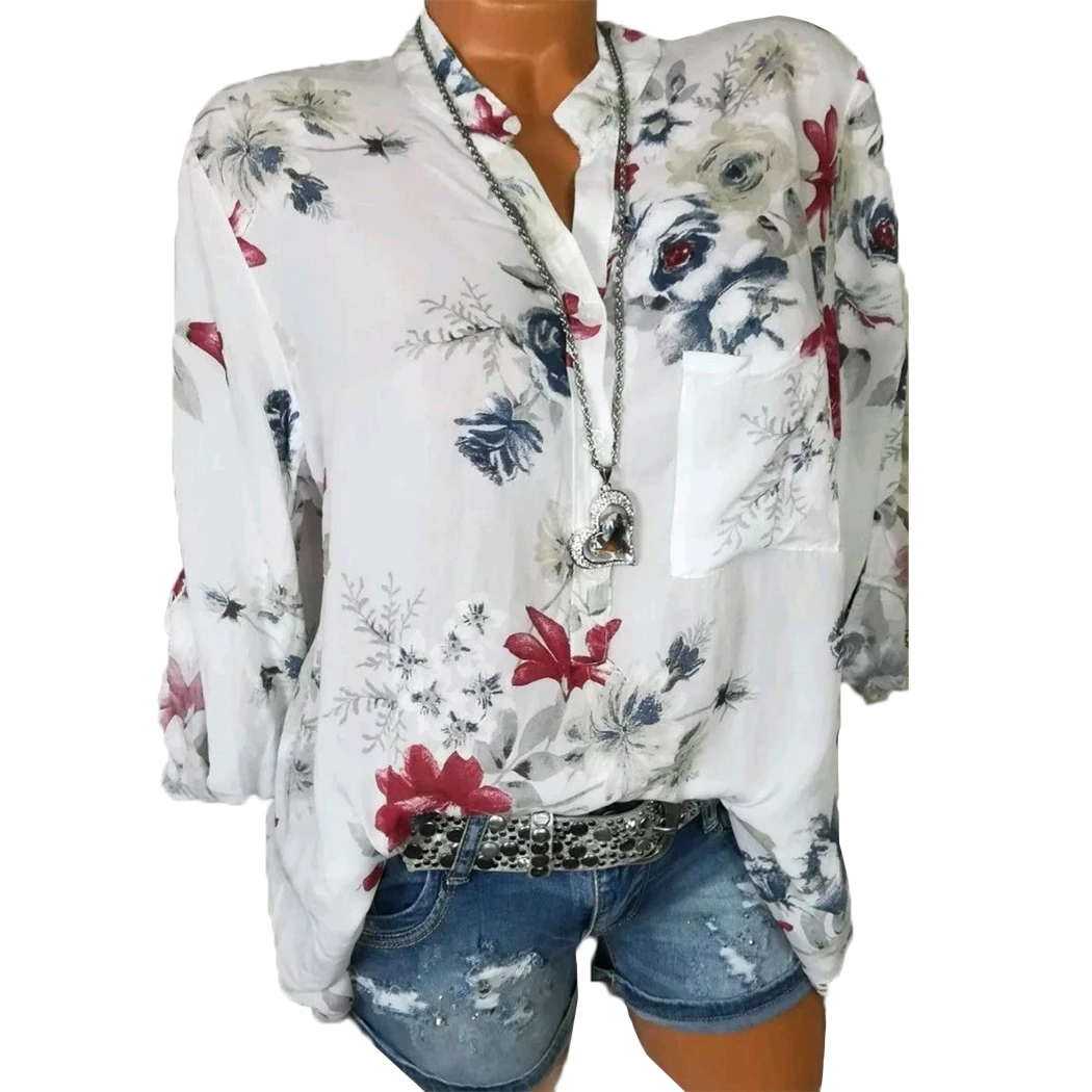 2018 модные с цветочным принтом Для женщин блузка плюс Размеры 4XL v-образным вырезом летние топы Повседневное с длинным рукавом Свободные