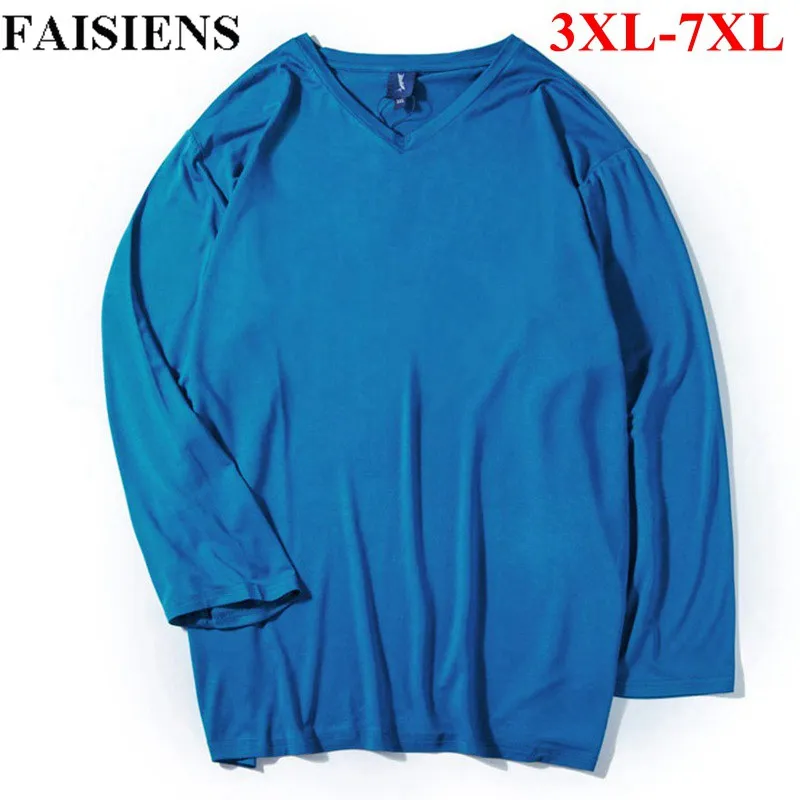 

FAISIENS Large Size Long-Sleeved T-Shirt Men V Neck Blue Green Plus Size Loose 6XL 7XL Breathable Elastic Casual Men's T-Shirt