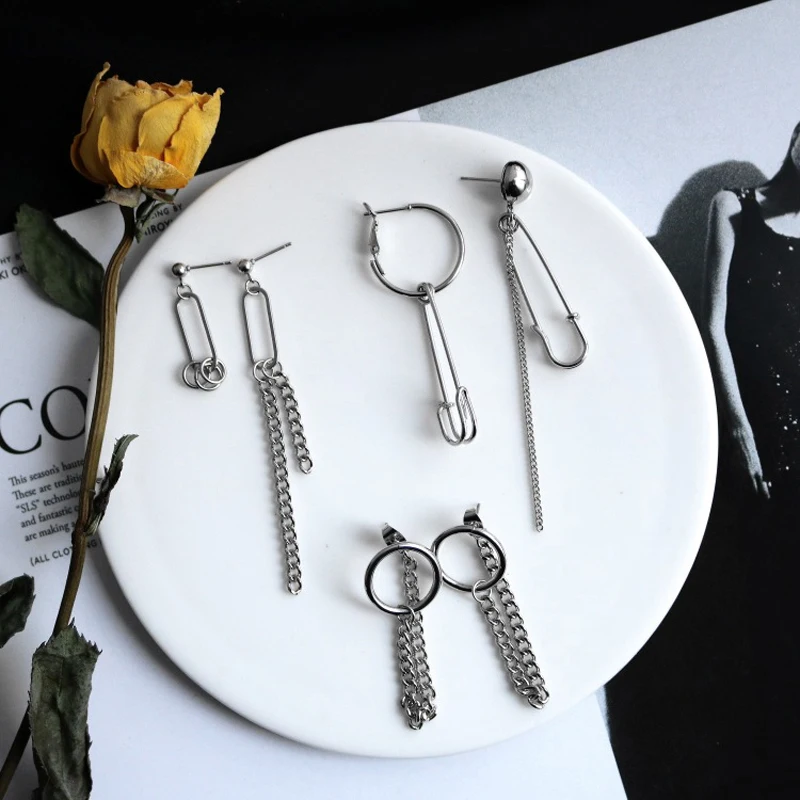 6 Pairs Per Set Earrings Safety Pin Geometry Chain Drop Earrings Women Vintage Long Chain Earrings Men Korean Fashion Jewelry