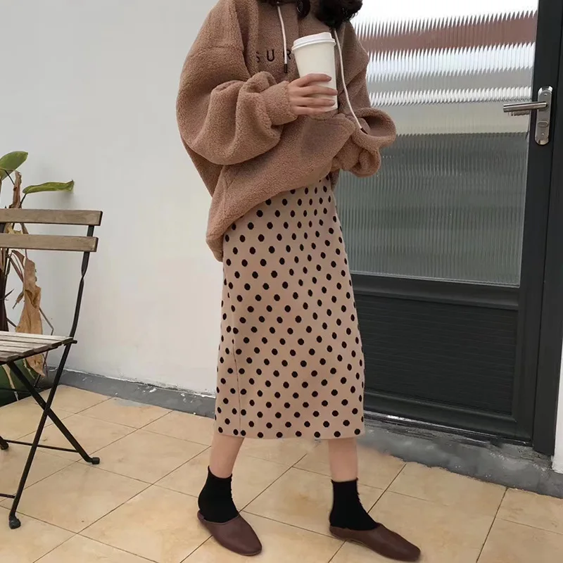 

2019 Autumn Women Skirts High Waist Knitting Women Bodycon Long Skirt Faldas Jupe Femme Saia Dots Print Women Sexy Pencil Skirt