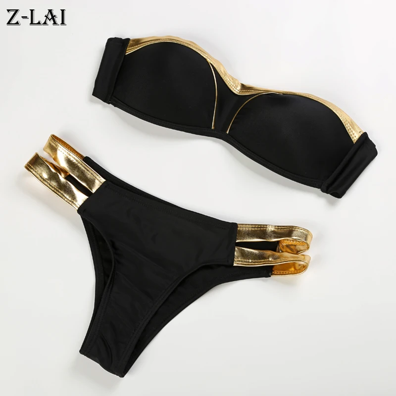 Z-LAI Golden Bordered Bikinis Push Up Low Waist Swim Wear Sexy Bikini Thong Black Solid Padded Swimming Suit Female Bikinis 2019 Z-LAI Golden Bordered Bikinis Push Up Low Waist Swim Wear Sexy Bikini Thong Black Solid Padded Swimming Suit Female Bikinis 2019