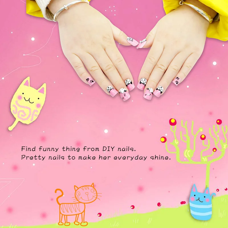 24 шт./лот, милые кошки, поддельные ногти, предварительно склеенные Акриловые искусственные ногти, Короткие Розовые кончики для дизайна ногтей для детей, игрушки для ногтей, украшения, маникюр, сделай сам