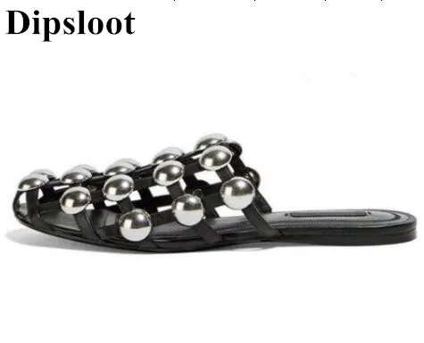 

Dipsloot 2017 Amelia Studded Leather Caged Runway Flat Slide Cut-outs Slip-on Summer Casual Shoes Slingback Shoes For Ladies