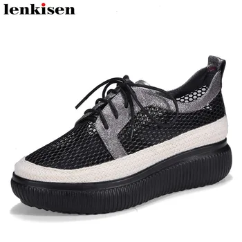 

Lenkisen pop patchwork korean girl sheep leather cross-tied round toe thick bottom mesh sport runway women vulcanized shoes L6f9
