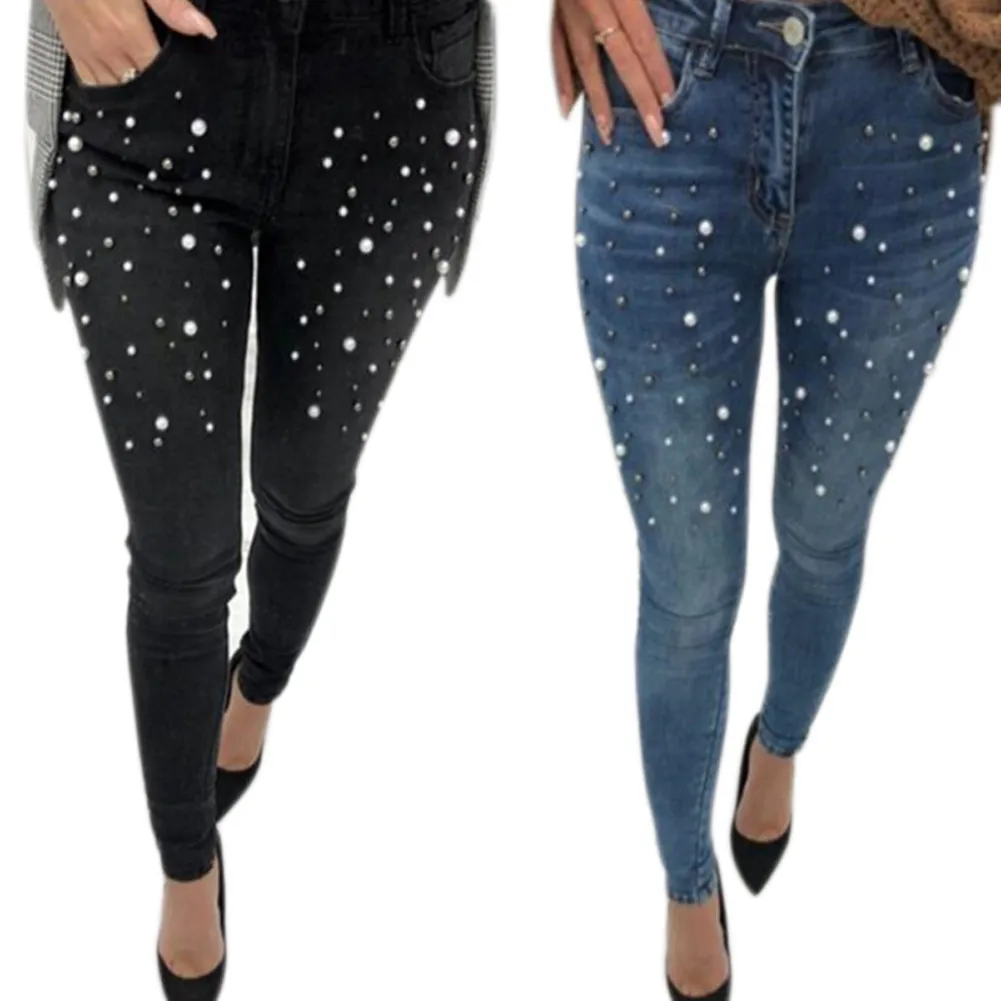 

New Arrival Spring Autumn Women Jeans High Waist Stretch Denim Pencil Pants Casual Slim Fit Rivet Pearl Trousers