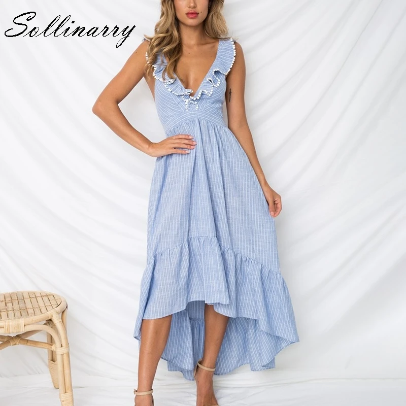 Sollinarry, без рукавов, с оборками, осеннее платье,, женское, v-образный вырез, открытая спина, сексуальные платья, в синюю полоску, повседневное, длинное, зимнее платье