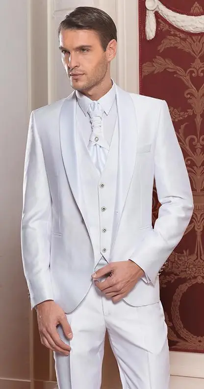 Новое поступление, один пуговица, смокинги для жениха, шаль, атласный нагрудный мужской костюм, белый костюм жениха на свадьбу/выпускной(пиджак+ брюки+ жилет