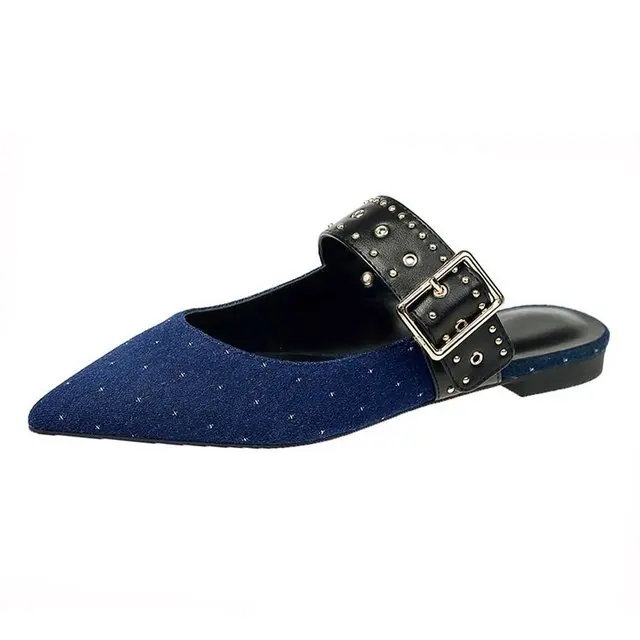 С Острым носком женская половина потертости Stuffies тапочки шлепанцы низкий блочный каблук сандалии с пряжкой повседневные женские шлёпанцы обувь A605 - Цвет: blue