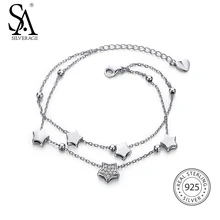 New Year Gift 925 Sterling Silver Star Bracelets & Bangles for Women Jewelry Rhinestone Two Layer Chain Link Bracelet Female