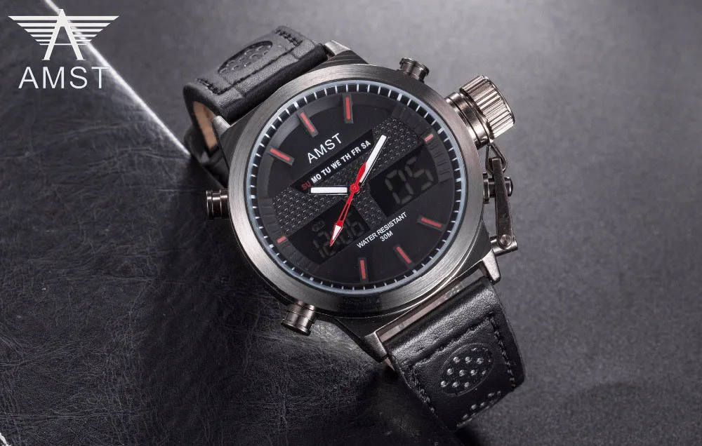 

2018 AMST Brand Quartz Watch for men fashion LED dual display sports watches genuine leather strap dot waterproof clock 3025-3