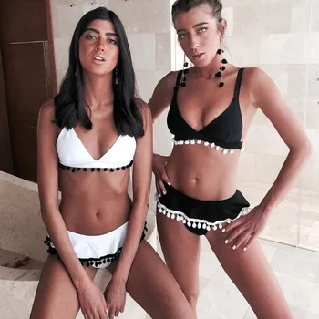 

Sexy Bikinis Push Up Triangle Top Swimsuit Women Ruffled Bottom Bikini Set Female Swimwear Bathing Suit Tassel Biquini Swimming