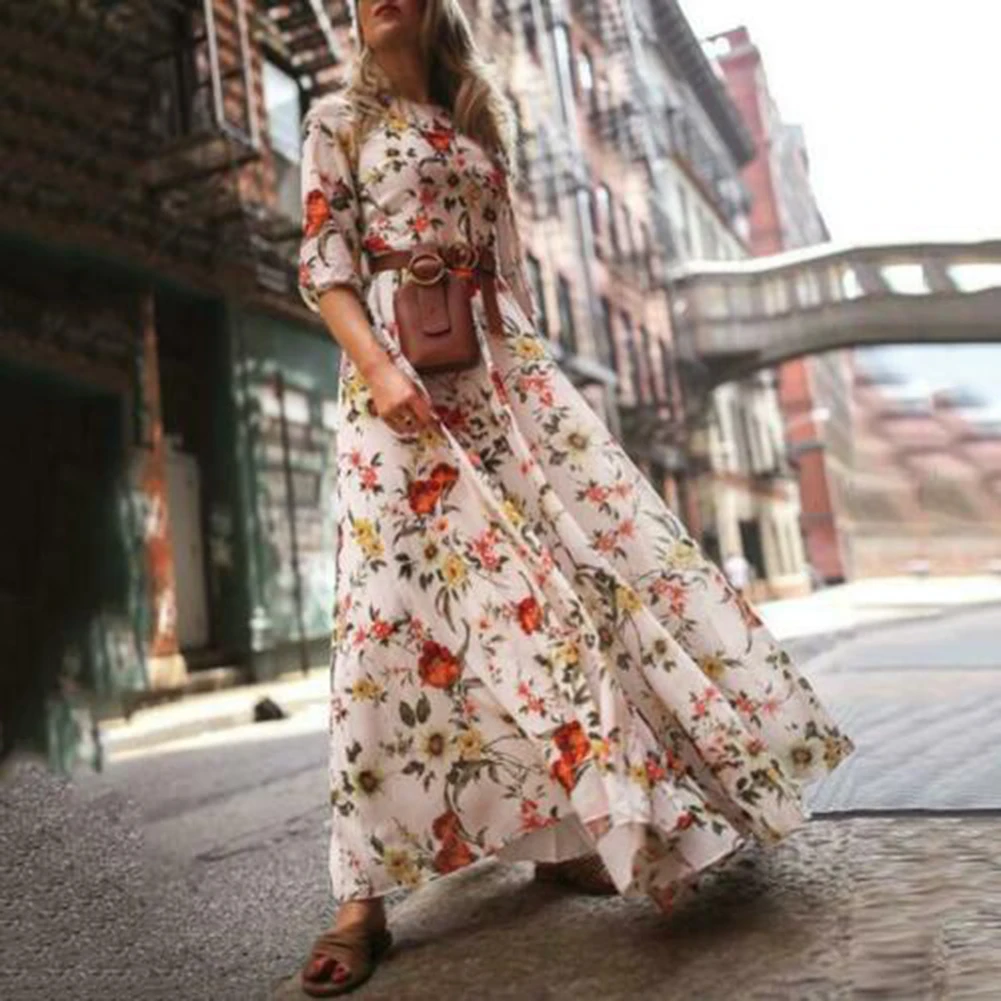 Usstore  Women Maxi Dress Swing Floral Printed Summer Elegant Casual Elastic Waist Half Sleeve Boho Slim Holiday Sundress 