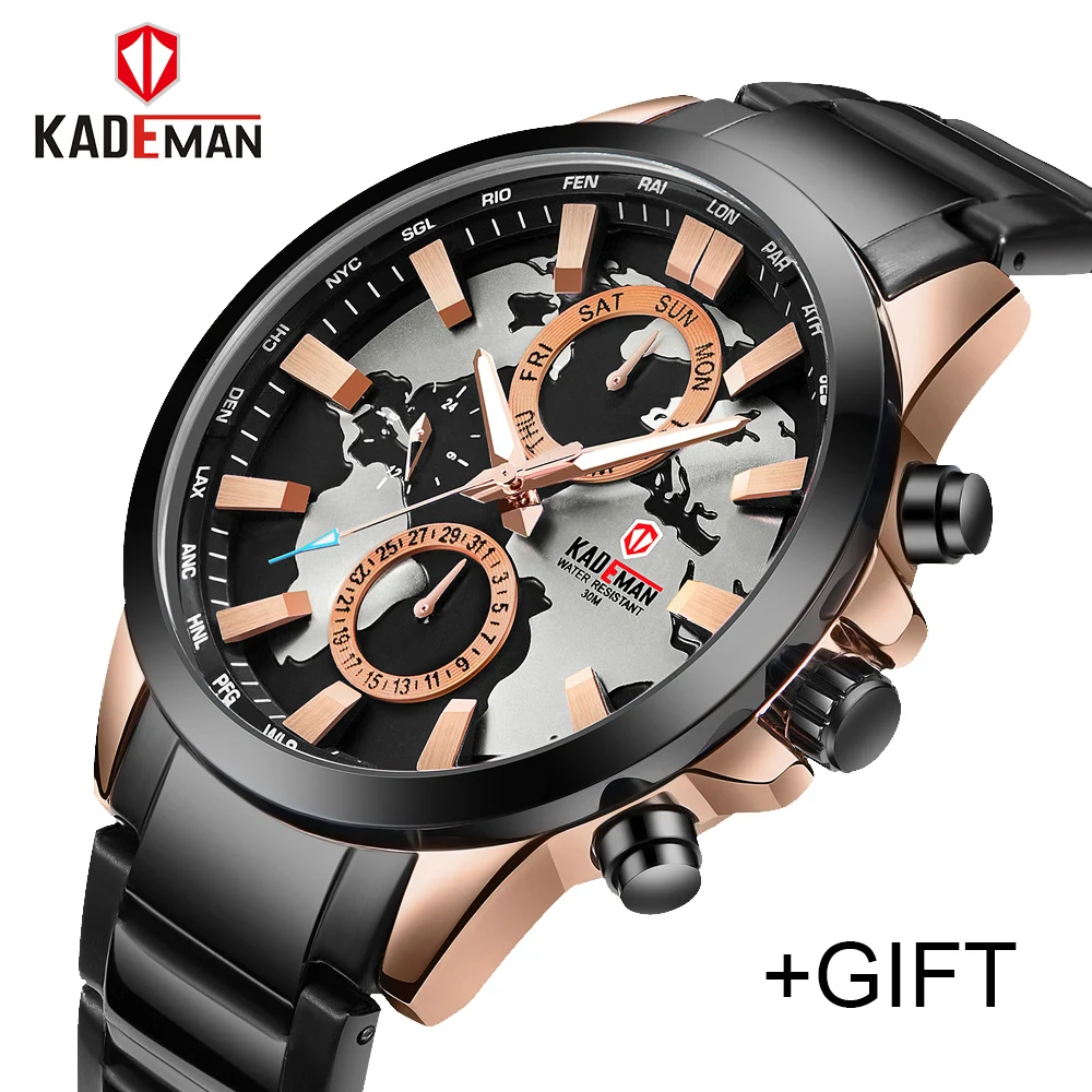 

KADEMAN Top Luxury Fashion Watch Men 3TAM Calendar Auto Date Quartz World Map Casual Business Wristwatch Relogio Masculino 2020