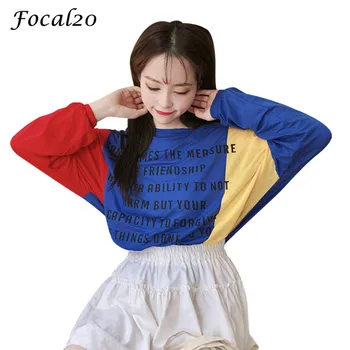 

Focal20 Streetwear Hit Color Letter Print Women T-shirt Long Sleeve O-neck Casual Loose Color Block Female T Shirt Tee Top