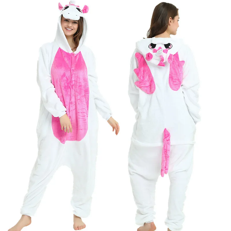 Зимние пижамы с животными для взрослых комплекты пижамы с рисунком единорог пижамы стежка Unicornio для женщин теплые фланелевые с капюшоном высокого качества - Цвет: Pink unicorn