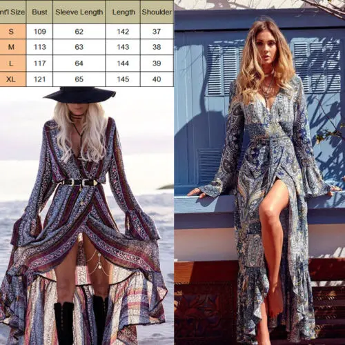 Женское платье с цветочным принтом Boho длинное вечернее макси длинным рукавом