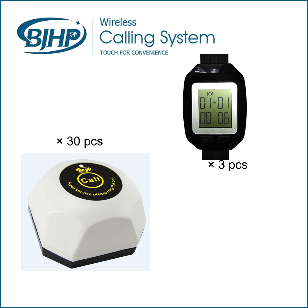 

Wireless Waiter Call Button System  (  3 Black Watch Pager +30 white Table Call Bells)