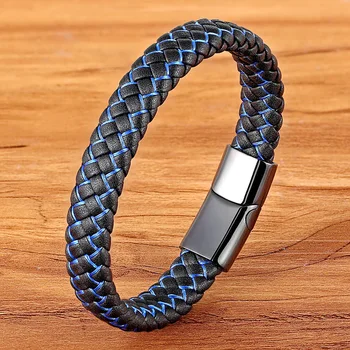 

New Men Jewelry Punk Black Blue Braided Leather Bracelet for Men Stainless Steel Magnetic Clasp Fashion Bangles Gifts 6 Colors