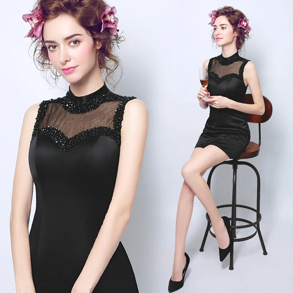 

Backlakegirls Mini Beach High Nevk Lace Evening Dress Elegant Beaded Pearls Black Short Illusion Evening Gowns 2018 New Fashion