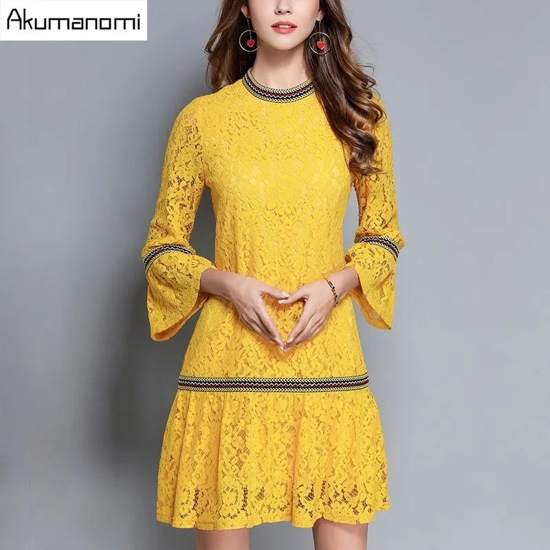 

Autumn Winter Lace Dress Stand Collar Flare Wrist Sleeve A-line Yellow Vintage Women Clothes Spring Dress Plus Size 5XL 4XL 3XL