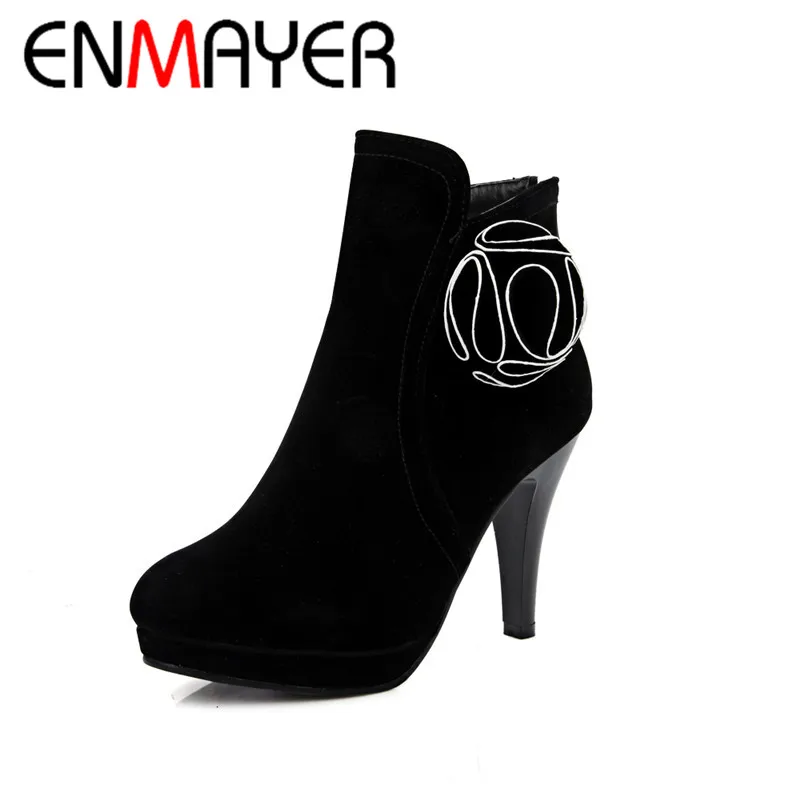 

ENMAYER Sexy Flock High Heels Ankle Boots for Women Round Toe Zip Platform Shoes Woman Autumn/Winter Boots Shoes Leisure Sweet
