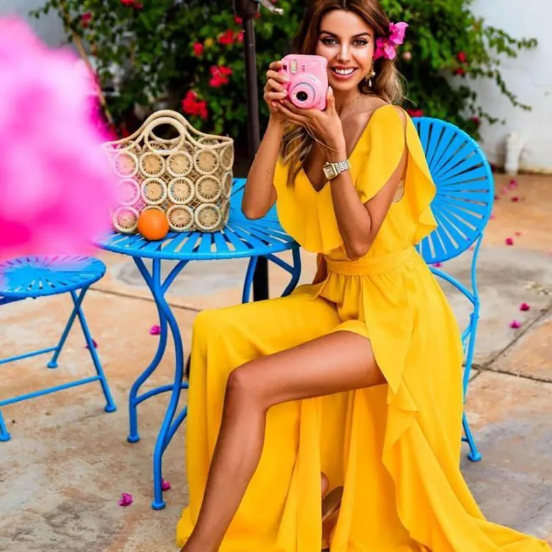 

Summer and Fall Yellow Long Dress Sexy V Neck Fork Opening Ruffles Dress Casual Off Shoulder Tunic Beach on Vacation Dress