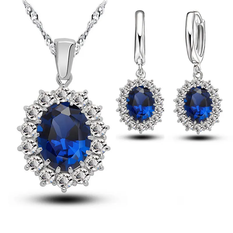 Набор свадебных ювелирных изделий для женщин с кристаллами, 925 пробы, серебро, синий, кубический циркон, серьги, ожерелье