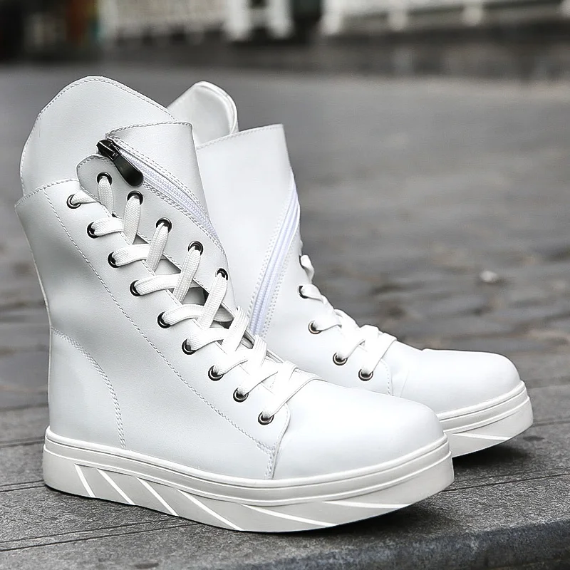 Ботинки на толстой платформе в уличном стиле; ботинки в байкерском стиле на шнуровке; военные ботинки; цвет черный, белый; Молодежная обувь в стиле хип-хоп - Цвет: Белый