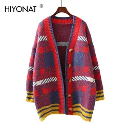 Hiyonat 2019 длинный кардиган для женщин корейский стиль кардиганы для Свободные Повседневное Этническая вязать плед печати свитер