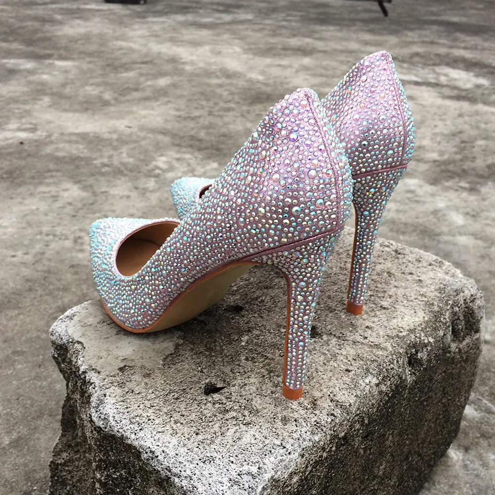 Veowalk Soft Leather Purple Bling Fashion Design Women's High Heel Pumps Sexy Rhinestone Stiletto Heels Party Shoes For Woman