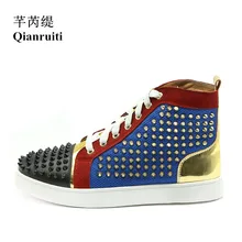 Qianruiti/мужские кроссовки с высоким берцем; обувь с шипами золотистого цвета в стиле пэчворк, с заклепками, на шнуровке; Мужская обувь для кемпинга; chaussure homme; цвет на заказ