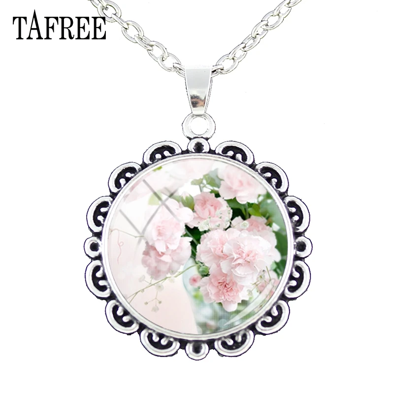 

TAFREE Carnations Picture Pendant Necklace Vintage Retro decorative border Flowers Round Necklaces Silver Plated Jewelry KL31