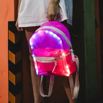 

Glitter Transparent Women's Jelly Bag Fashion Waterproof Lantern LED Light Nylon Backpack Mini Preppy Style Electronic Bags