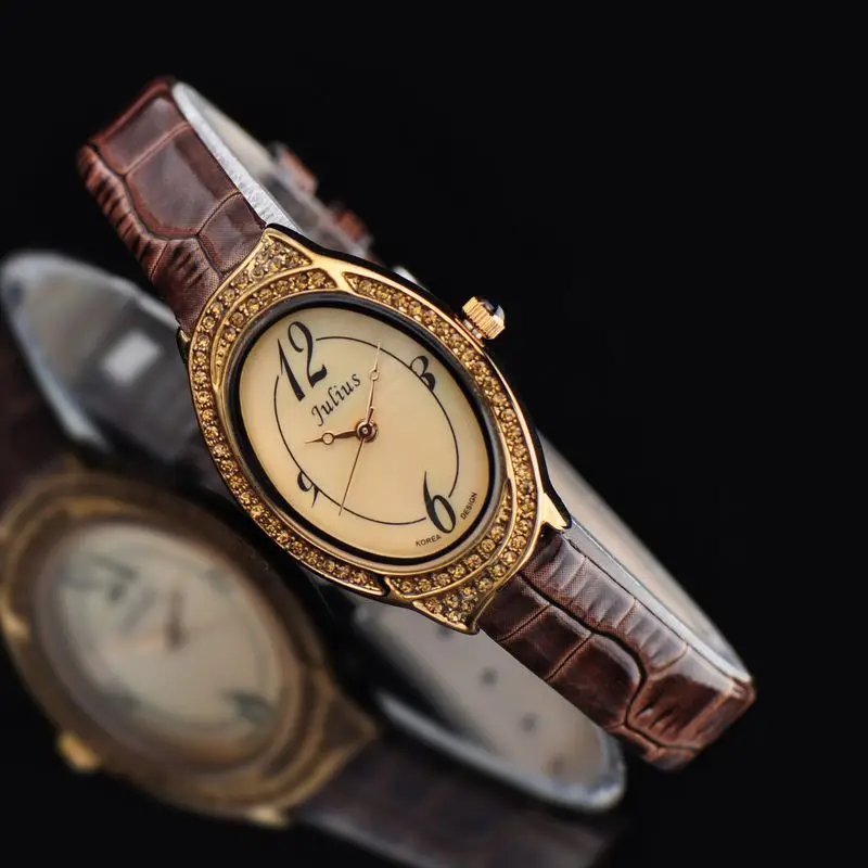 Ретро Женские часы Япония кварцевые часы Изысканная мода платье браслет кожаный часы Роскошный корпус девушка подарок на день рождения Julius Box 620 - Цвет: Кофе