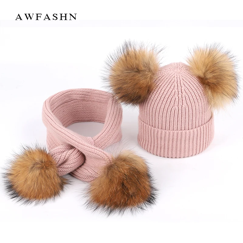

2018 Cute Children Raccoon Fur Pompom Knit Beanies Hat Scarf Sets Winter Boy Girl Wool Soft Cap Scarves Solid Color Baby Kids