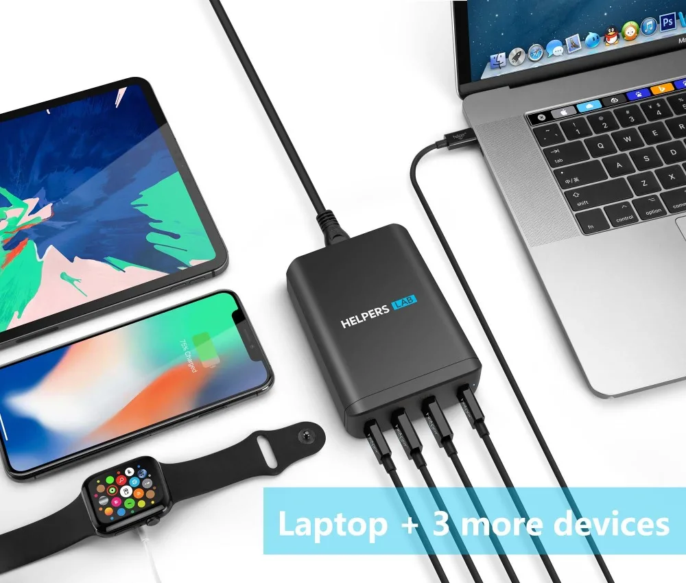 Двойной USB-C порт 60 Вт и 18 Вт и двойной 5 в 2,4 А USB порт, для многих телефонов type-c и ноутбуков, таких как iPhone Macbook и т. Д