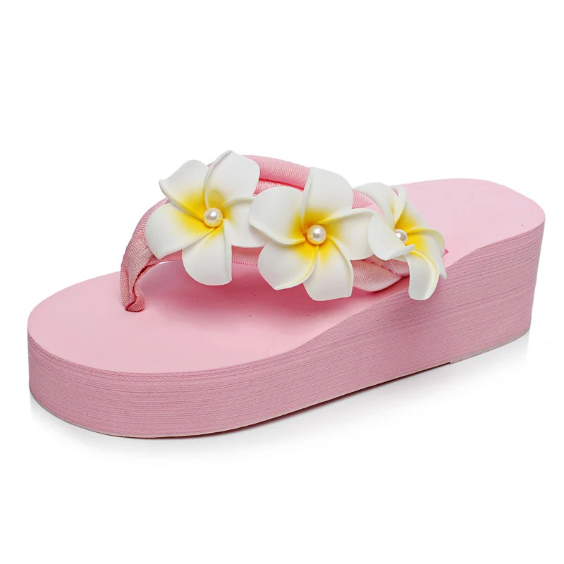 HEE GRAND/; шлепанцы на танкетке; пляжные цветы; Вьетнамки; обувь на платформе без застежки; женские повседневные шлепанцы на толстой подошве с жемчугом; XWT573 - Цвет: pink