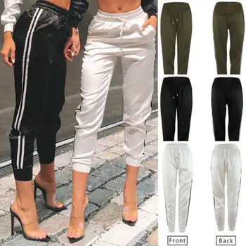 

Hirigin Women Girl High Waist Casual Striped Bandage Elastic Calf-Length Pants Slim Pencil Trousers New
