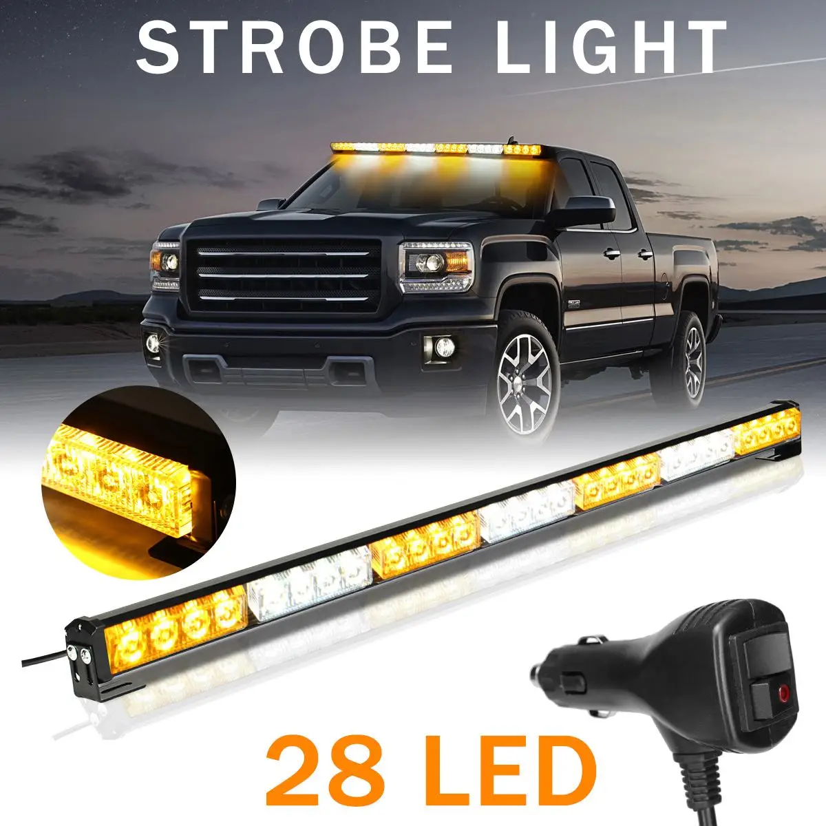 Autoleader Universal 12V 28LED Car Warning Light Bar Flash Strobe Lamp Amber&White Emergency Beacon Car Lights Signal Lamp