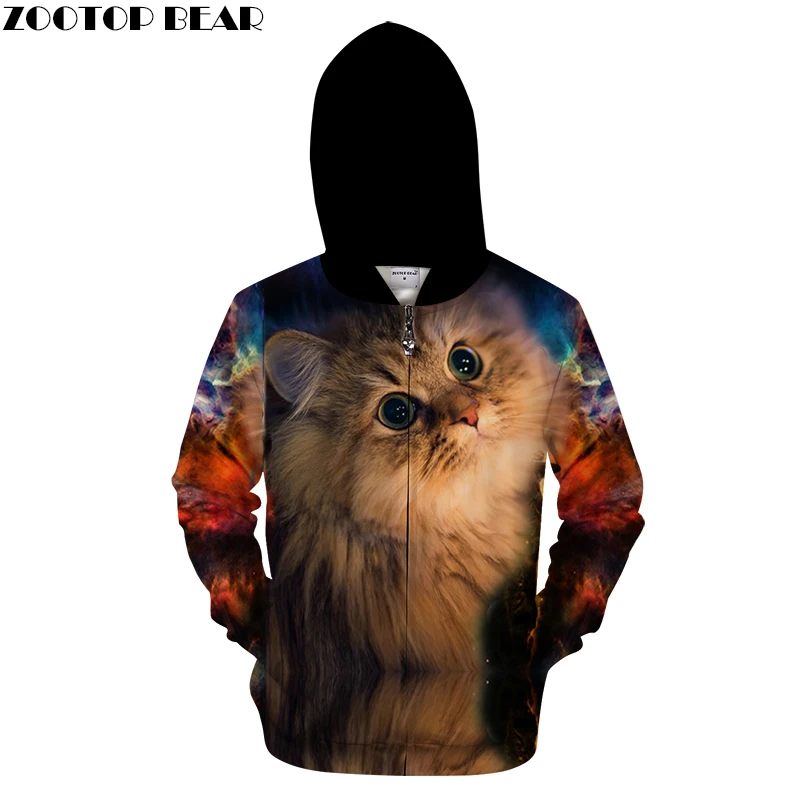 Galaxy Cat Printed Hoodies Zip Sweatshirts Street Style Mens Zipper